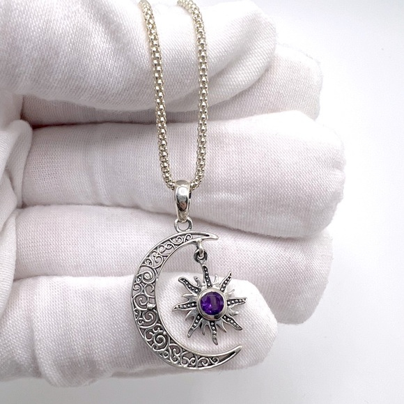 Genuine Amethyst .925 Sterling Silver Moon Necklace - Picture 6 of 13